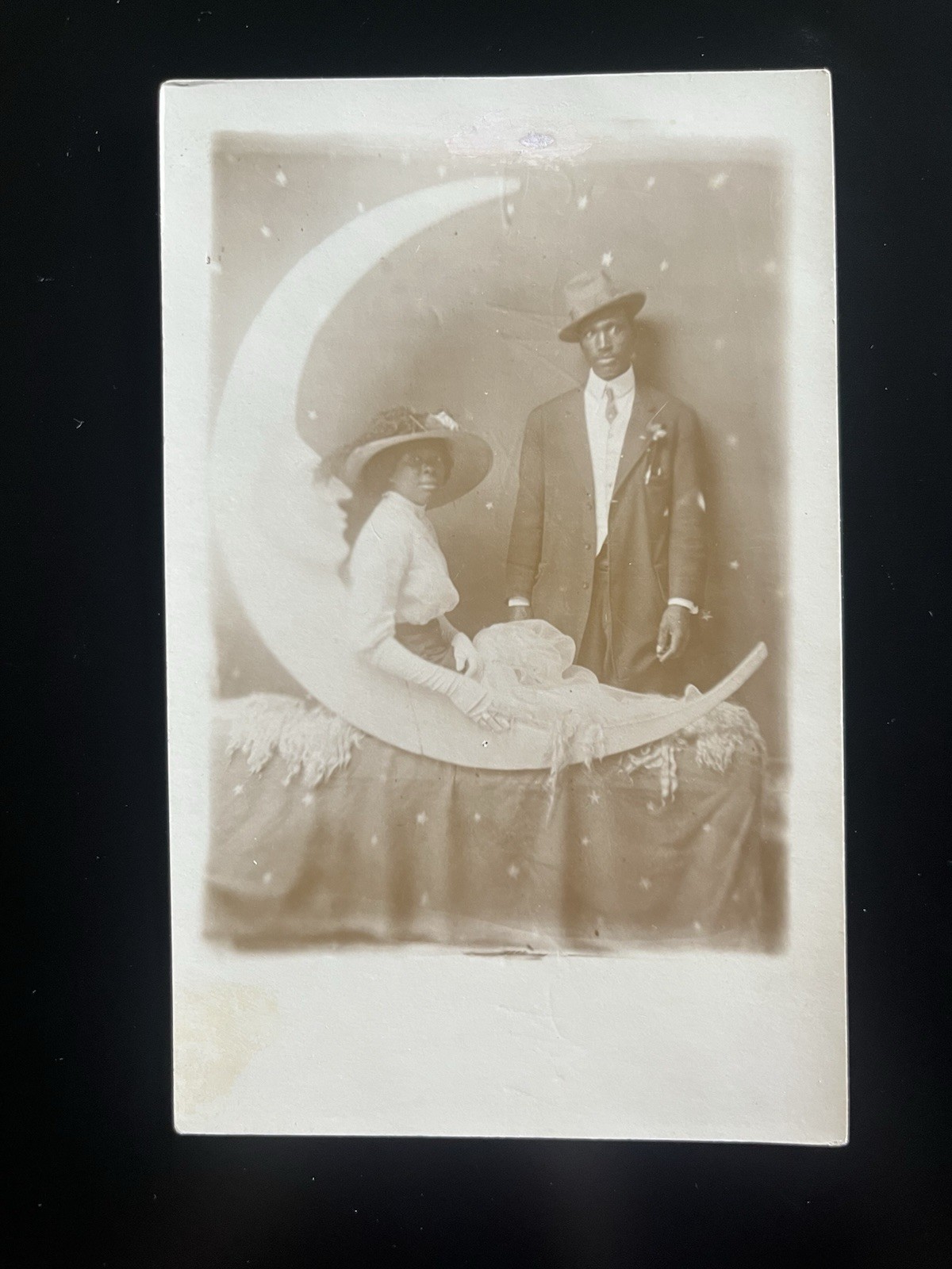 African American Couple With Paper Moon Real Photo Postcard