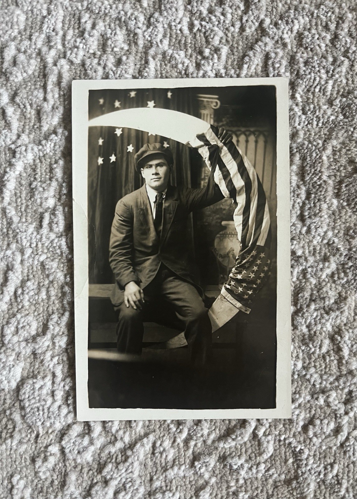 Man Flag Paper Moon Real Photo Postcard