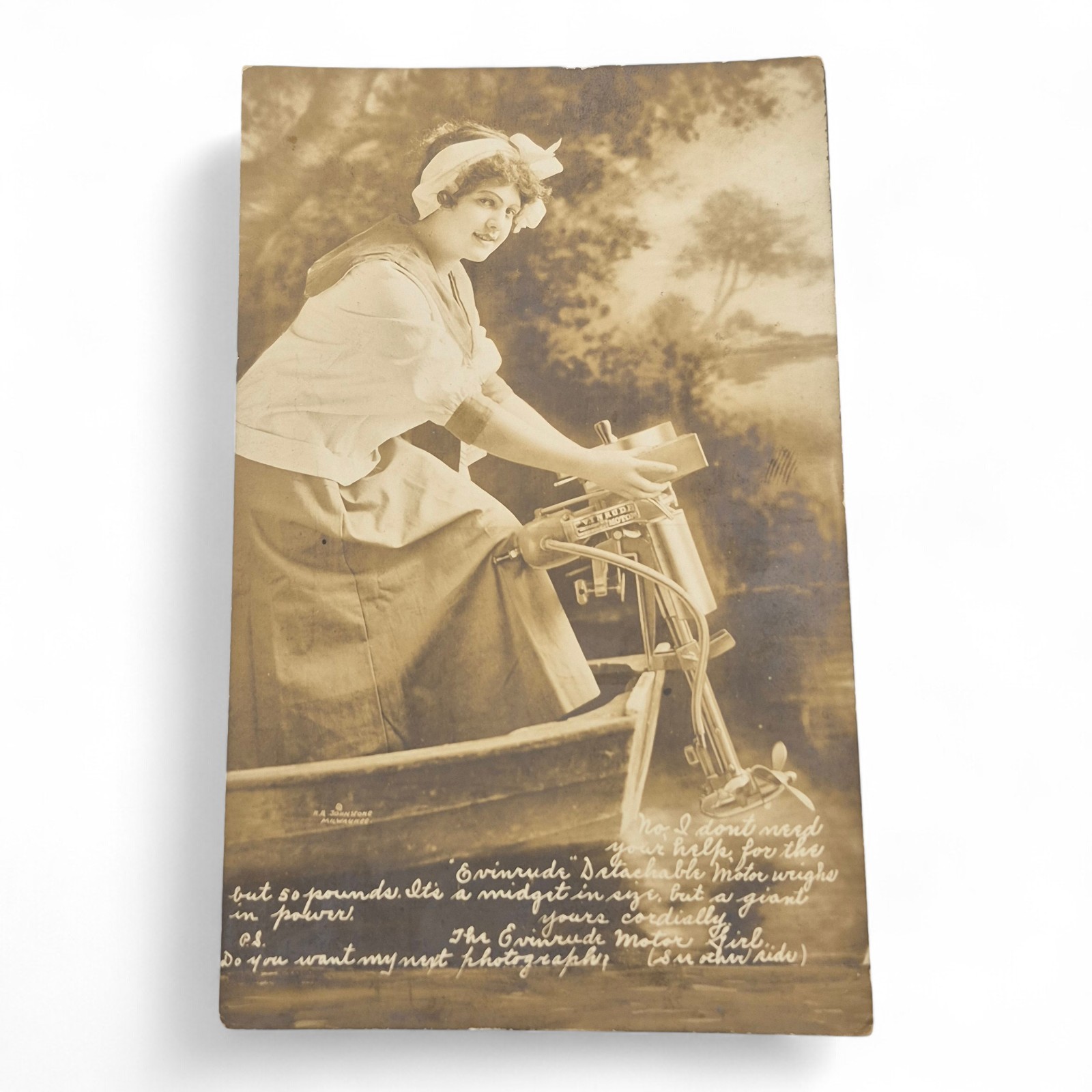Evinrude Motor Girl Outboard Boat Motor Advertising 1913 Real Photo Postcard