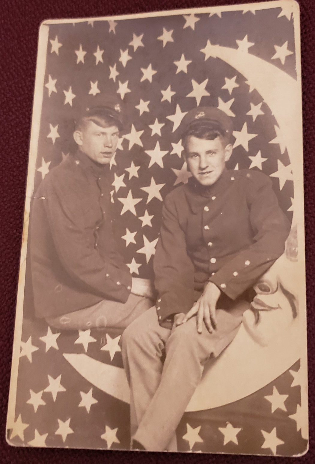 World War 1 Military Soldiers Sitting Anthropomorphic Paper Moon Real Photo Postcard