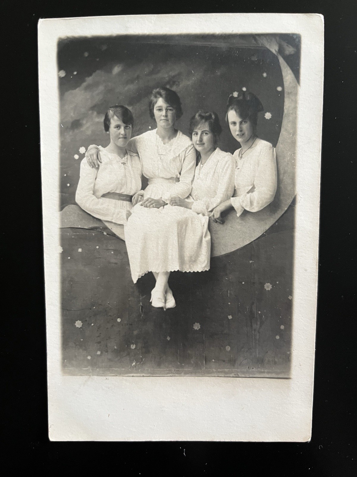 Pretty Ladies With Paper Moon Real Photo Postcard