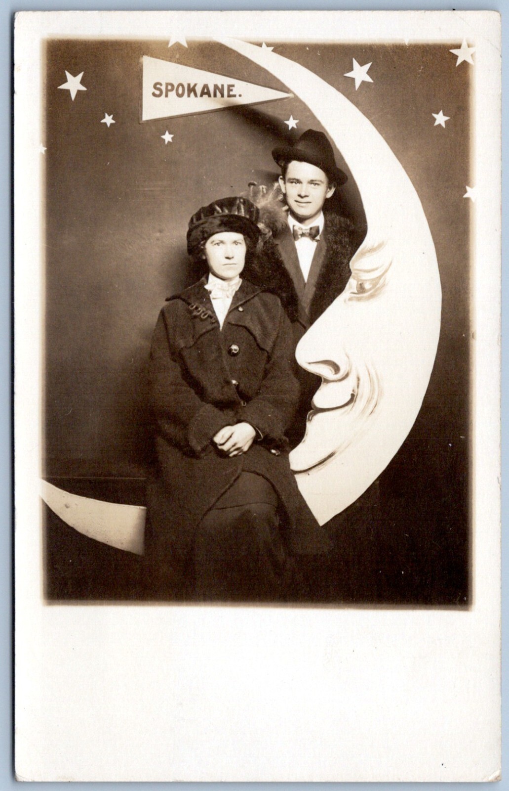 Spokane Washington Casper's Studio Paper Moon Prop Man Woman Real Photo Postcard