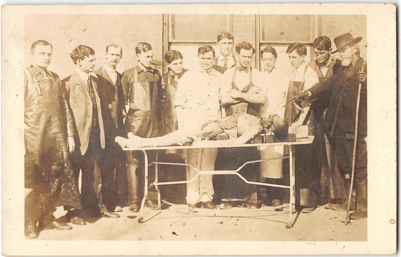 Medical Students with Cadaver and Skeleton 1910s Real Photo Postcard