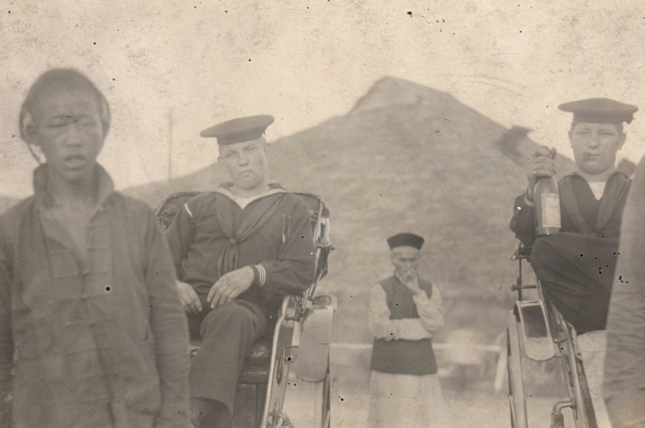 China American Sailors Chinese Rickshaw Real Photo Postcard