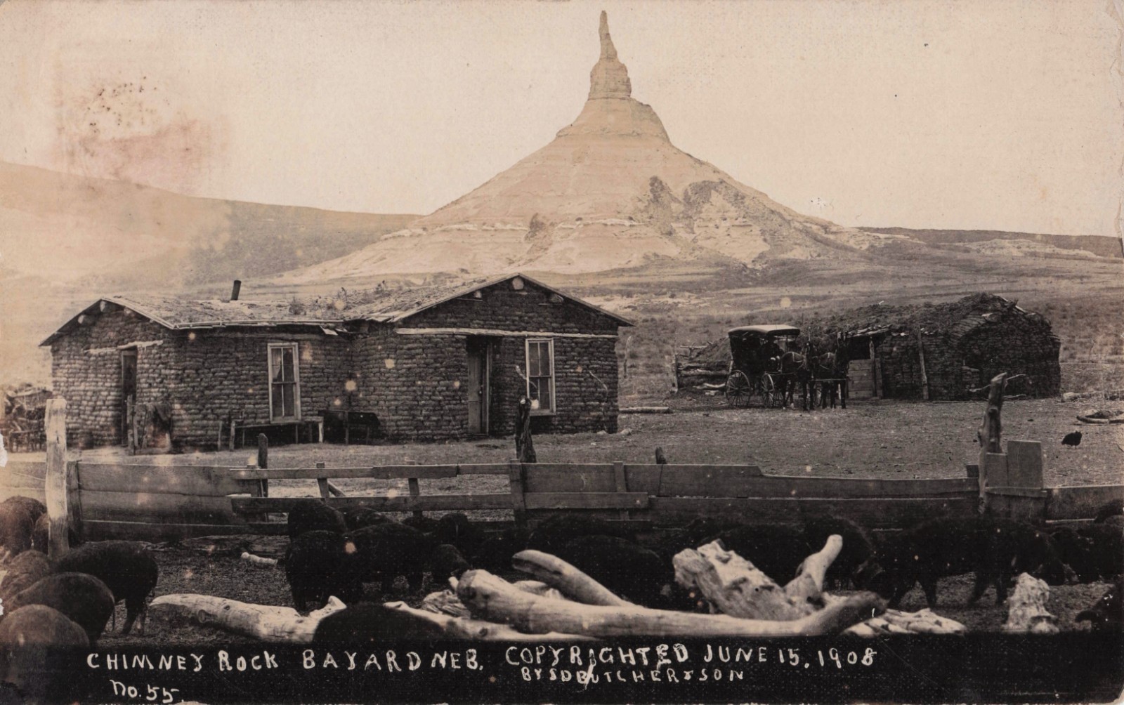 Bayard Nebraska Chimney Rock Sod House Farm S.D. Butcher Real Photo Postcard