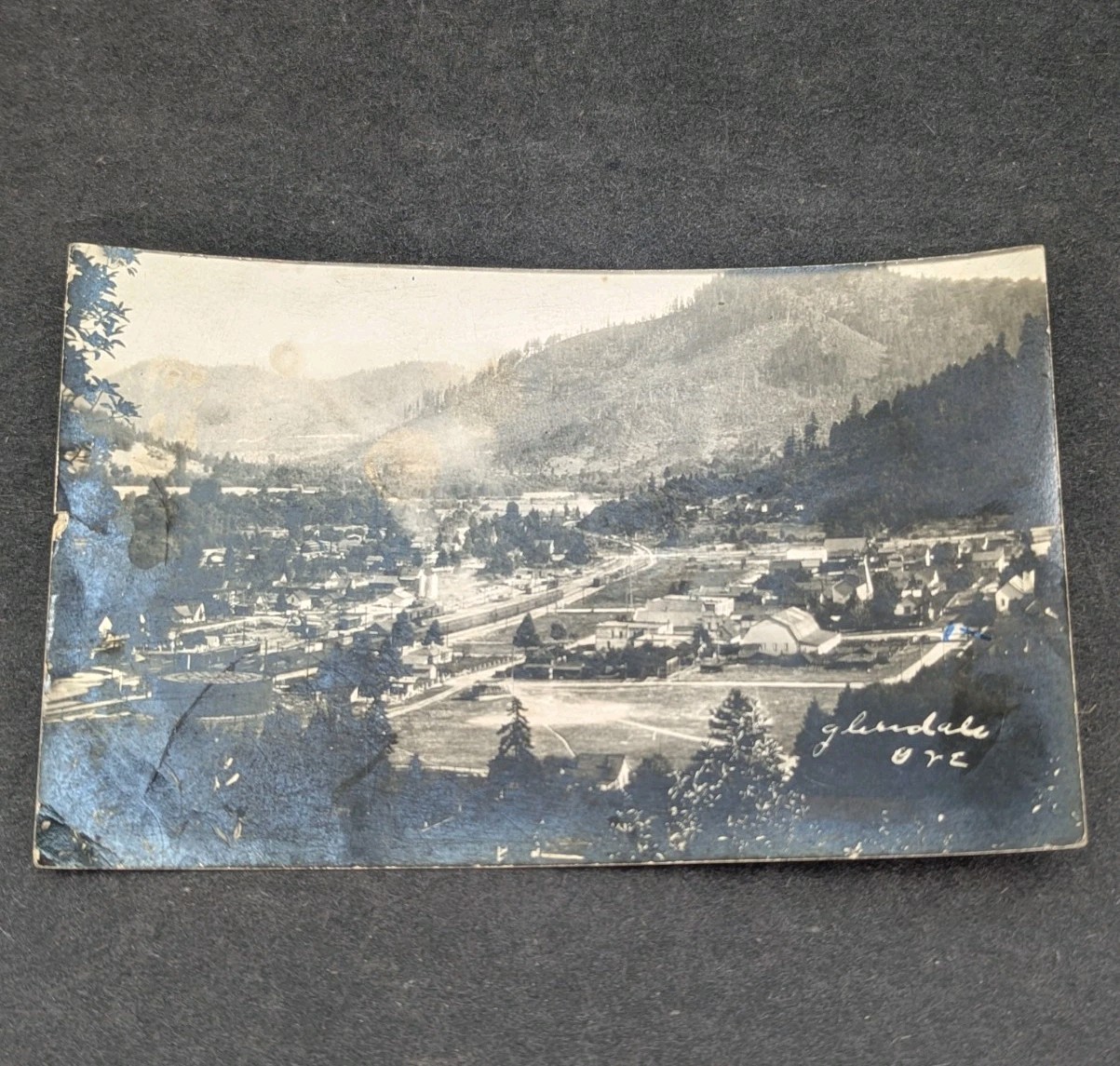 Glendale Oregon Aerial View Railroad Real Photo Postcard