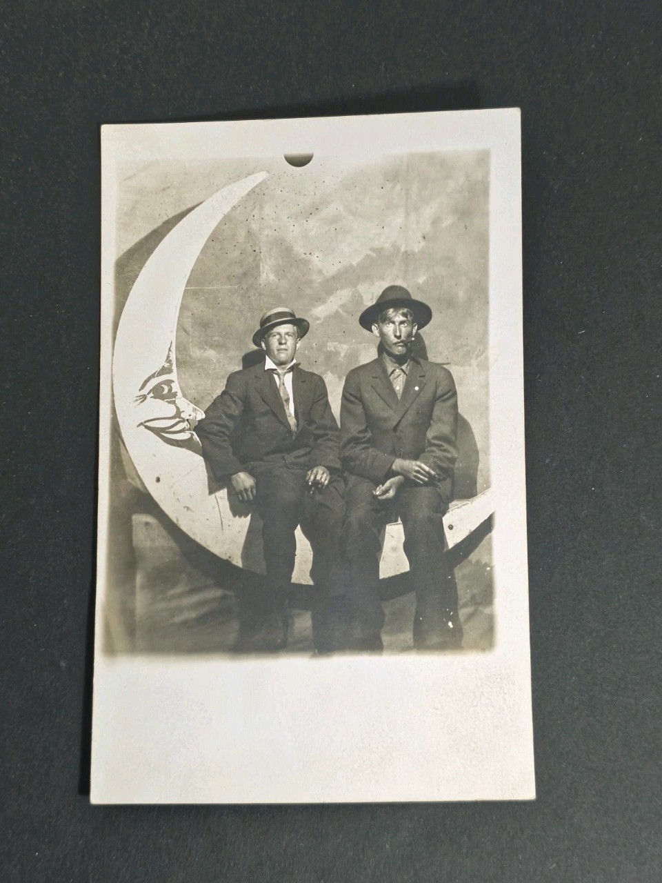 2 Men Sitting On The Crescent Moon Suits And Hats Smoking Cigars Real Photo Postcard