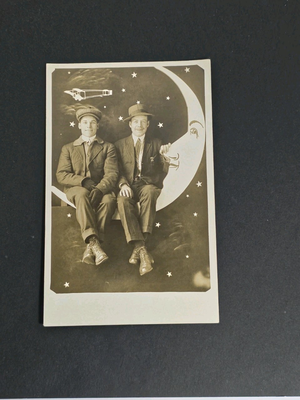 Indiana 2 Men In Suits And Hats Sitting On The Crescent Moon Real Photo Postcard