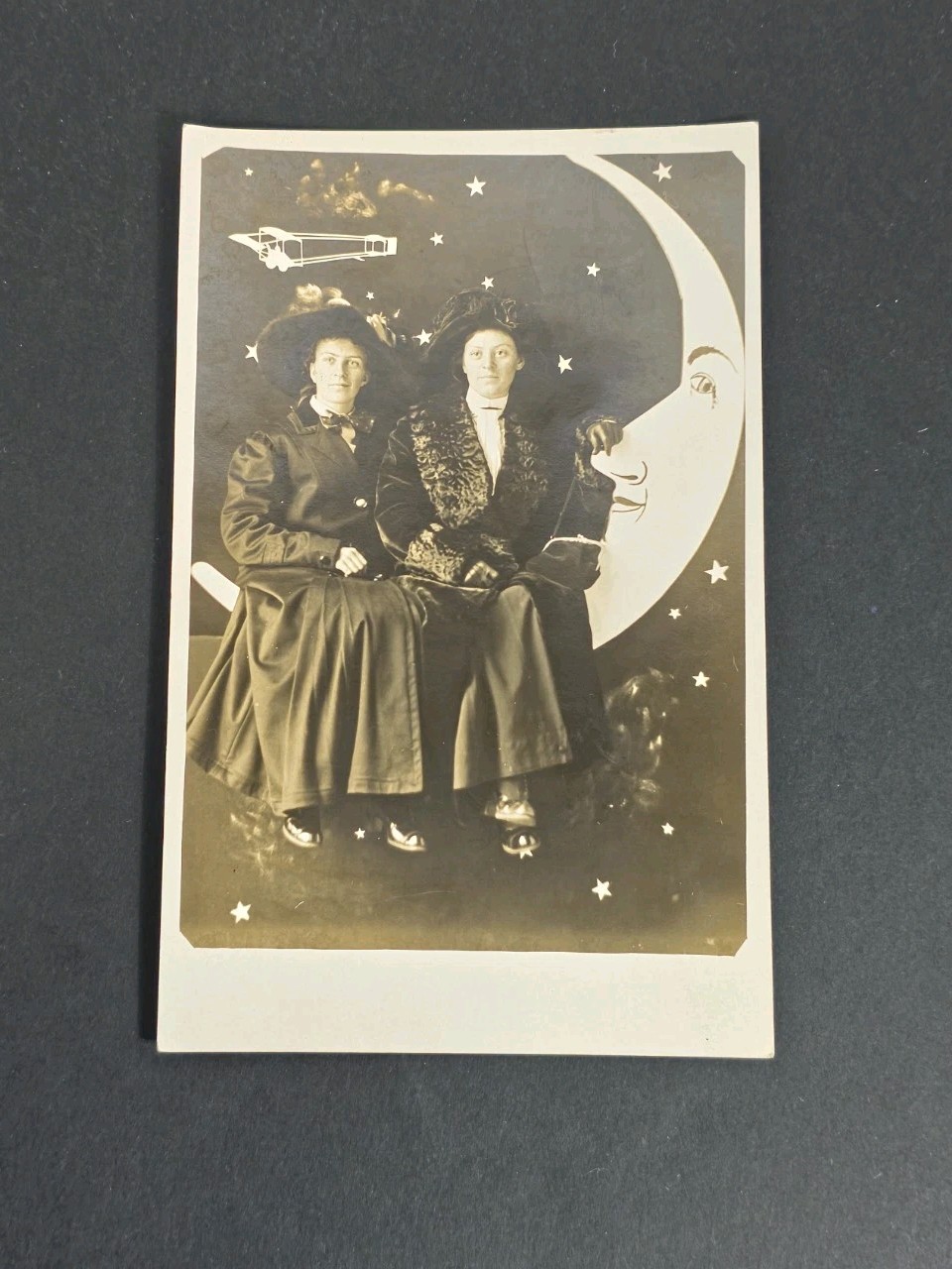 Indiana 2 Ladies Sitting On The Crescent Moon With Dresses And Hats Real Photo Postcard