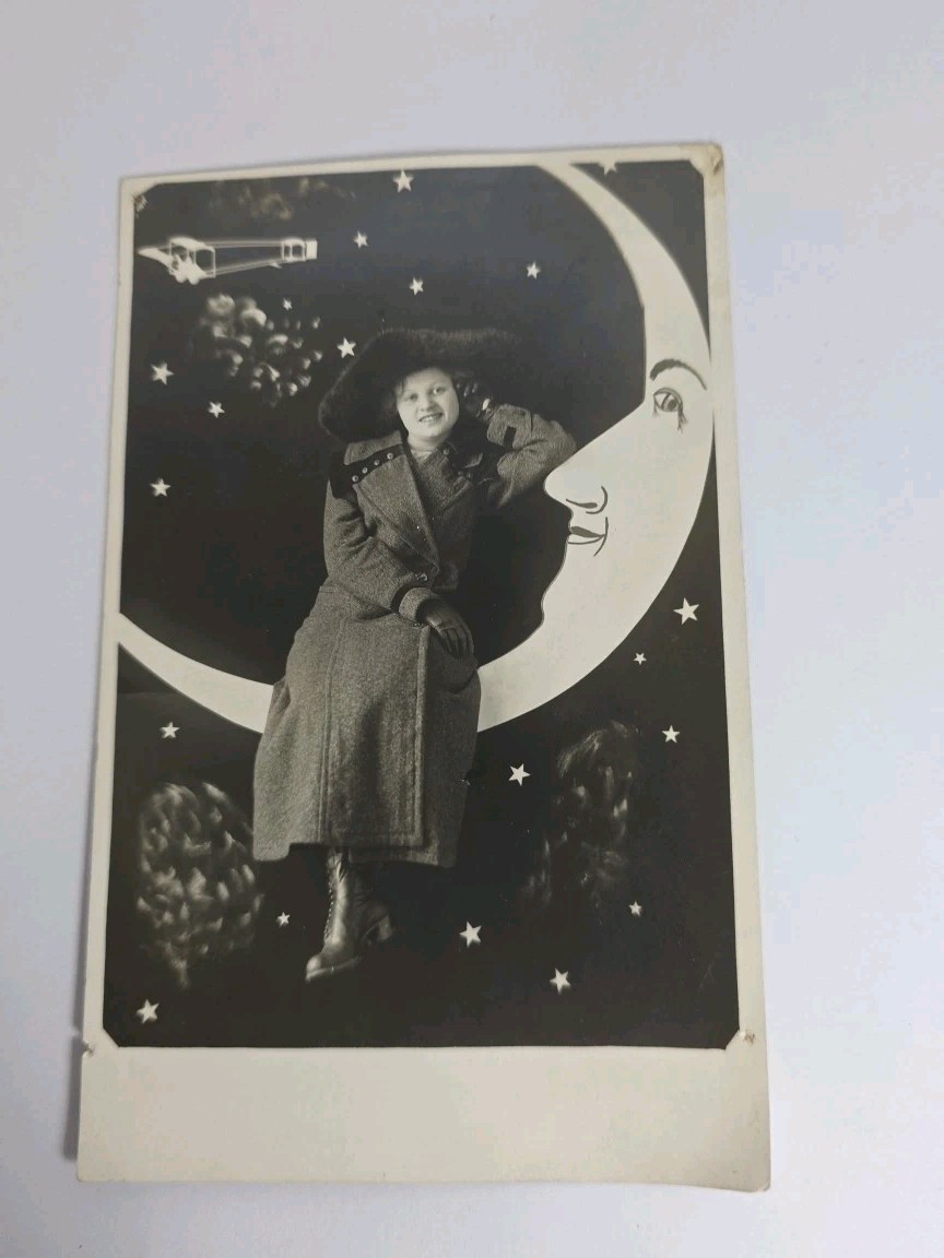 Lady Sitting On The Crescent Moon Dress & Hat Real Photo Postcard