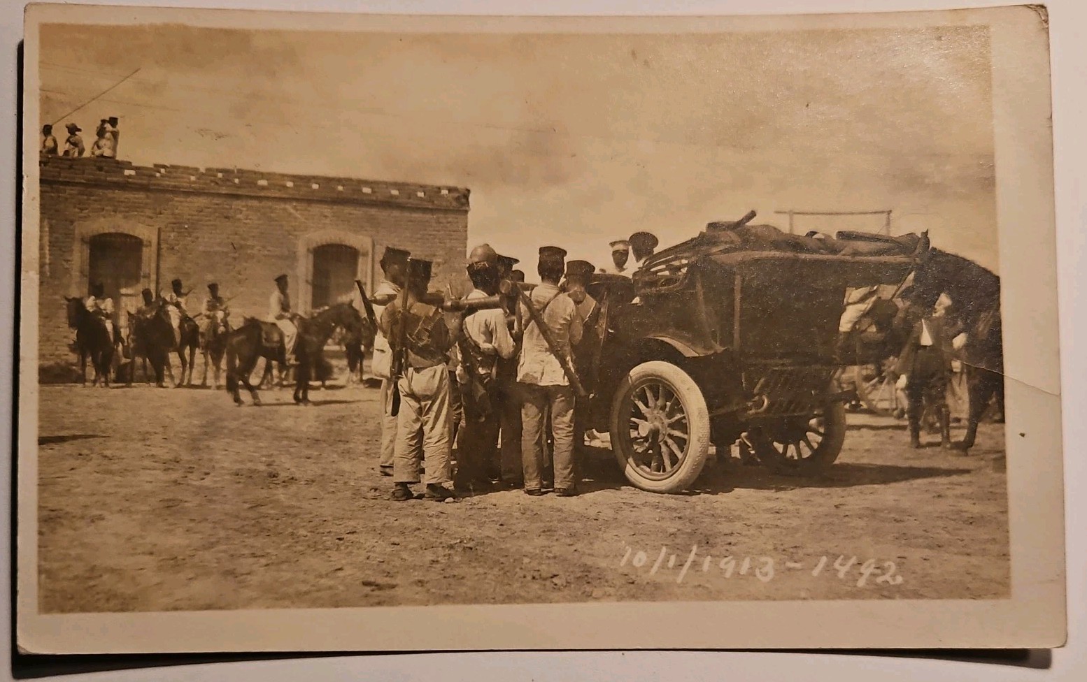 Torreon Mexico Revolutionary Soldiers With Horses, Automobile, And Rifles 1913 Real Photo Postcard