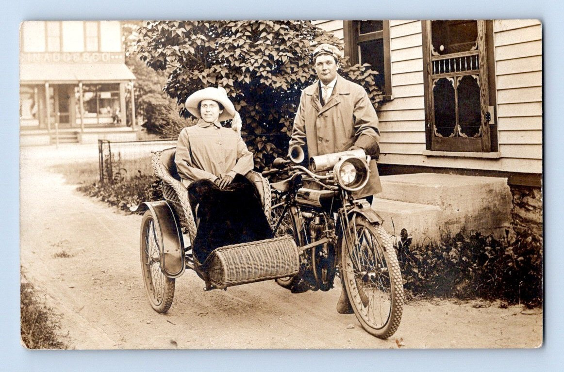 Indian Motorcycle With Wicker Sidecar 1910 Real Photo Postcard