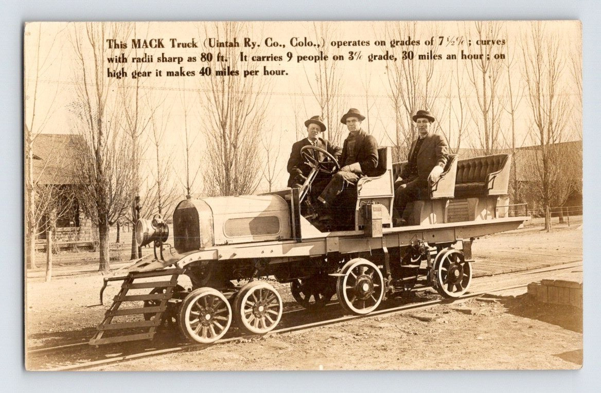 Colorado Uintah Railway Company Train With Mack Truck 1915 Real Photo Postcard
