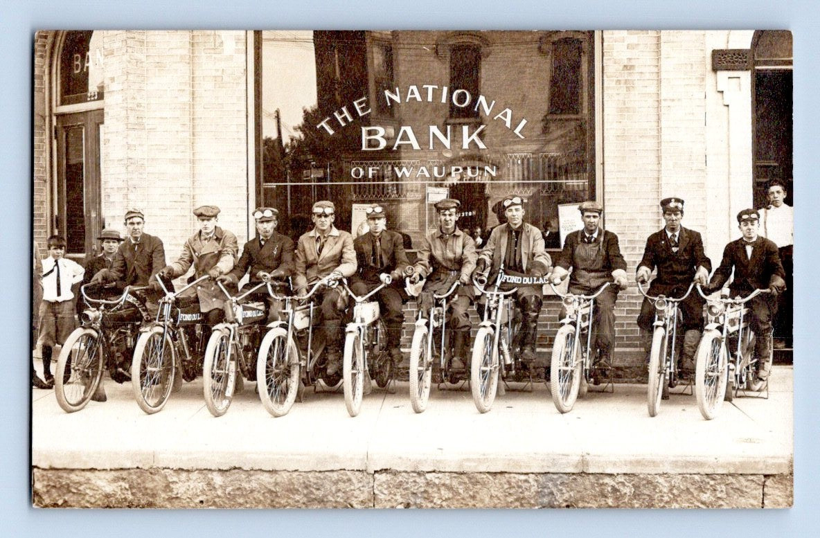 National Bank of Waupun Wisconsin, Fond Du Lac Motorcycle Club 1909 Real Photo Postcard