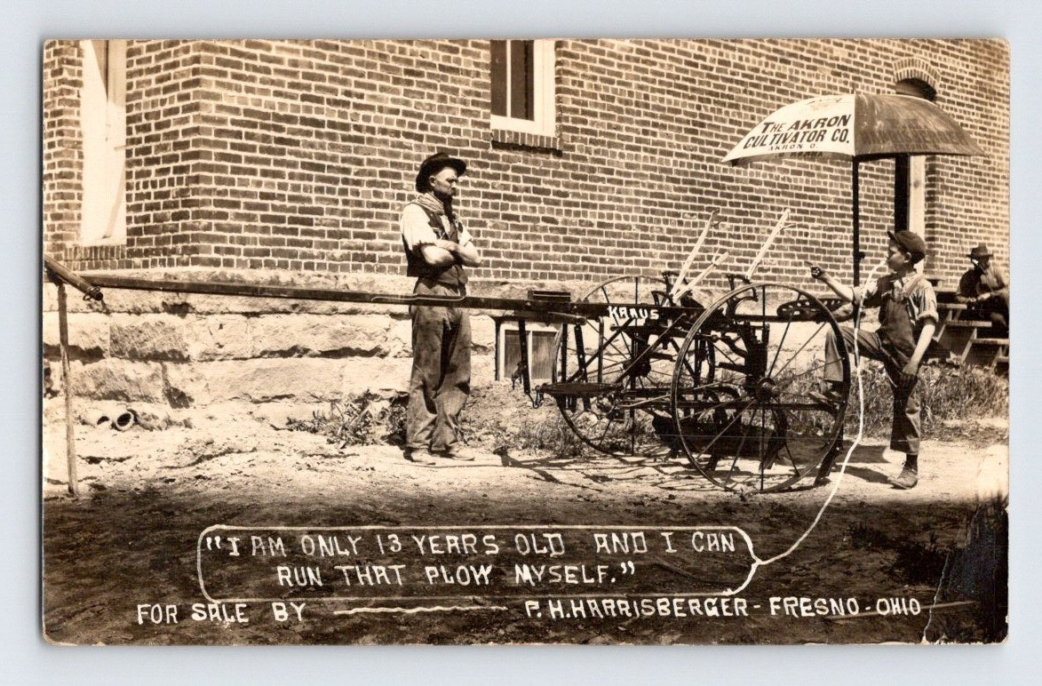 Fresno Ohio P.H. Harrisberger Plow Co. 1912 Real Photo Postcard