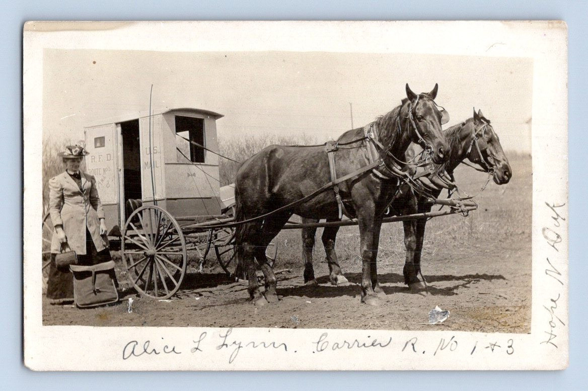 Hope North Dakota Alice L. Lyrim Post Woman Horse Drawn Carrier 1908 Real Photo Postcard