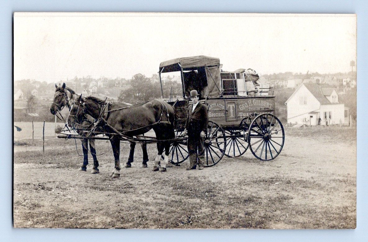 Geo H. Gilbert Horse Drawn Tea And Coffee Wagon 1907 Real Photo Postcard