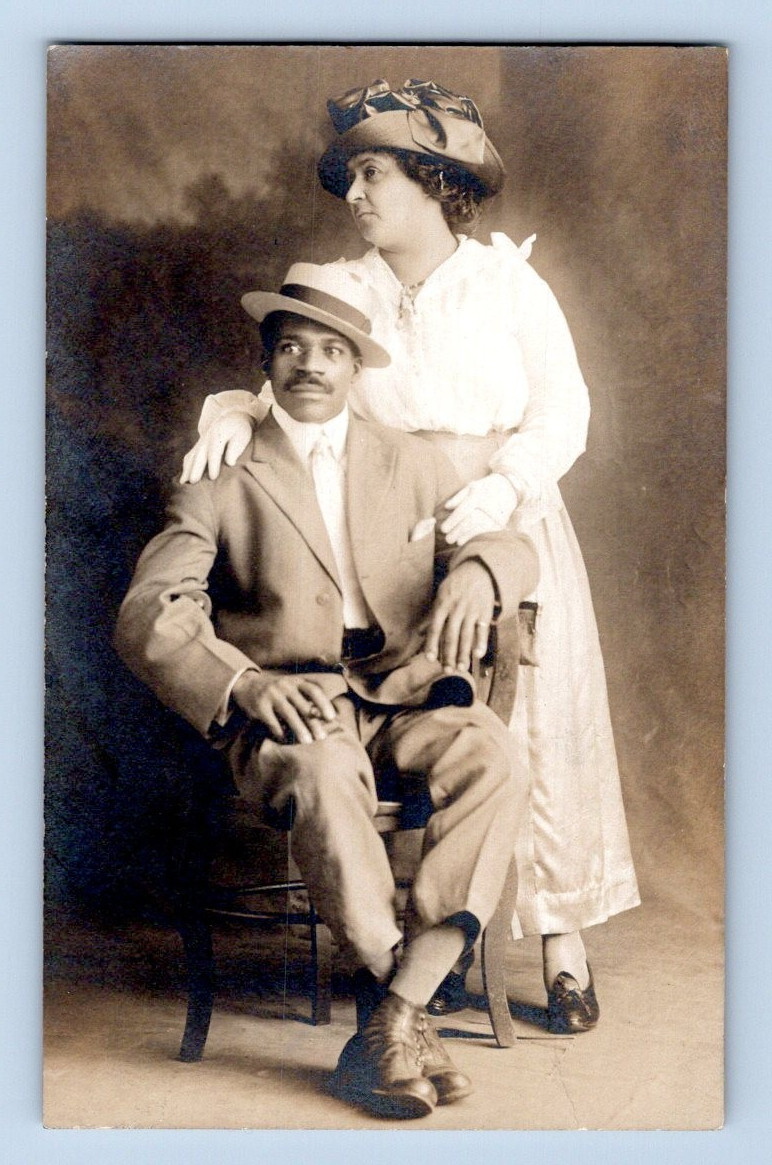 Interracial Couple Black Man with White Woman Turns Head 1910 Real Photo Postcard