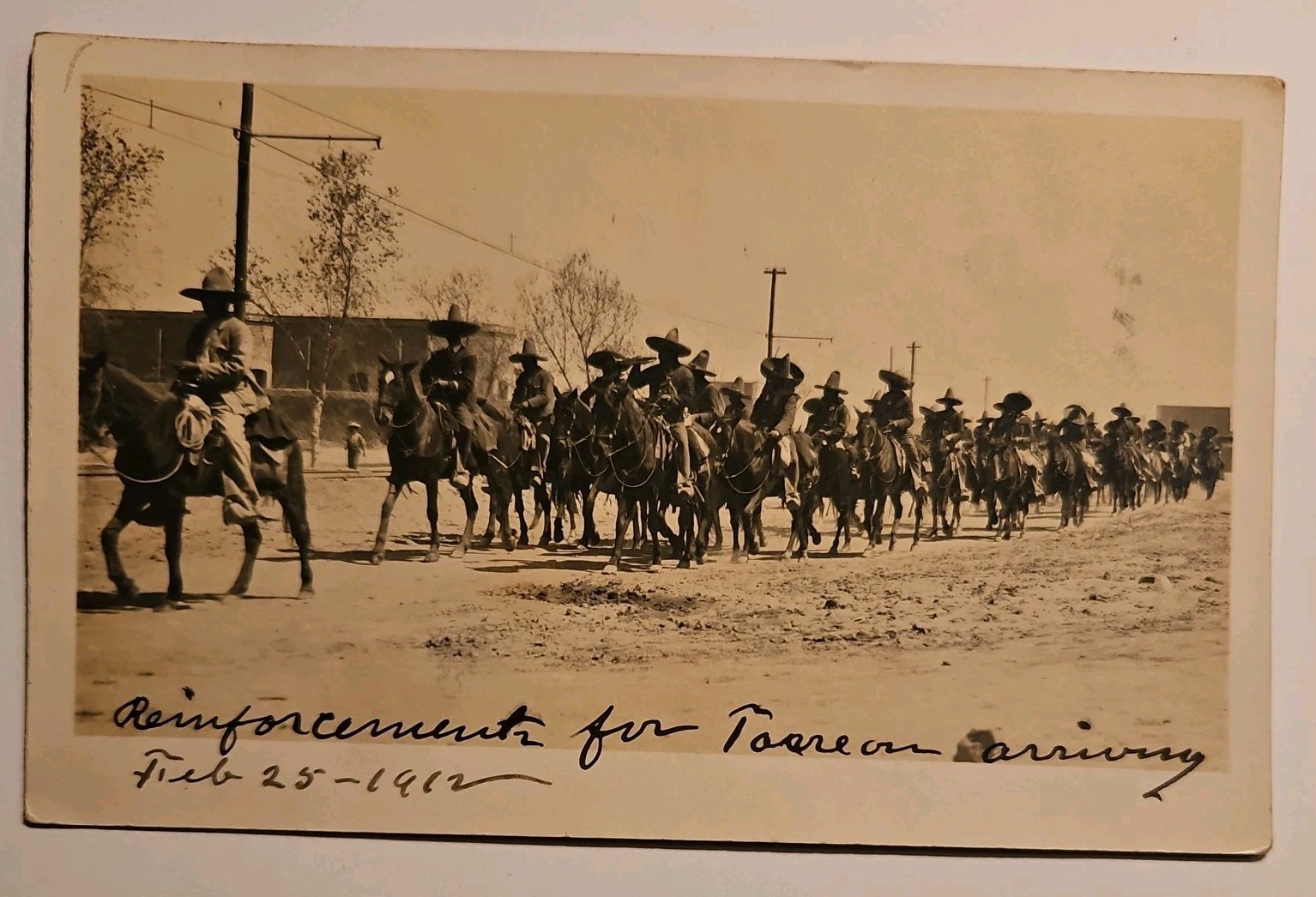 Torreon Mexican Revolution Marching Soldiers Horses Sombrero 1912 February 25 Real Photo Postcard