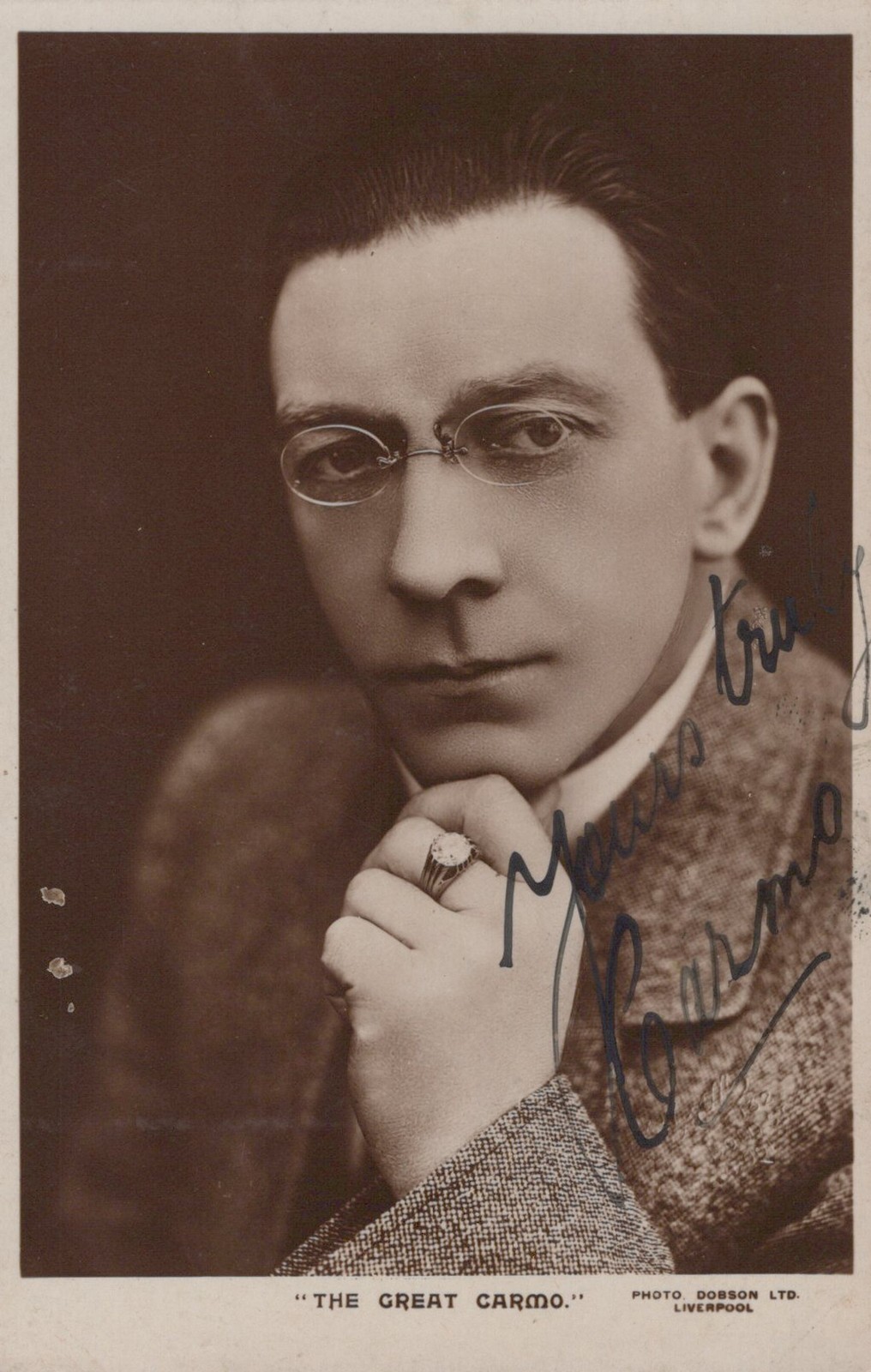 Liverpool UK The Great Carmo Magician Hand Signed Real Photo Postcard