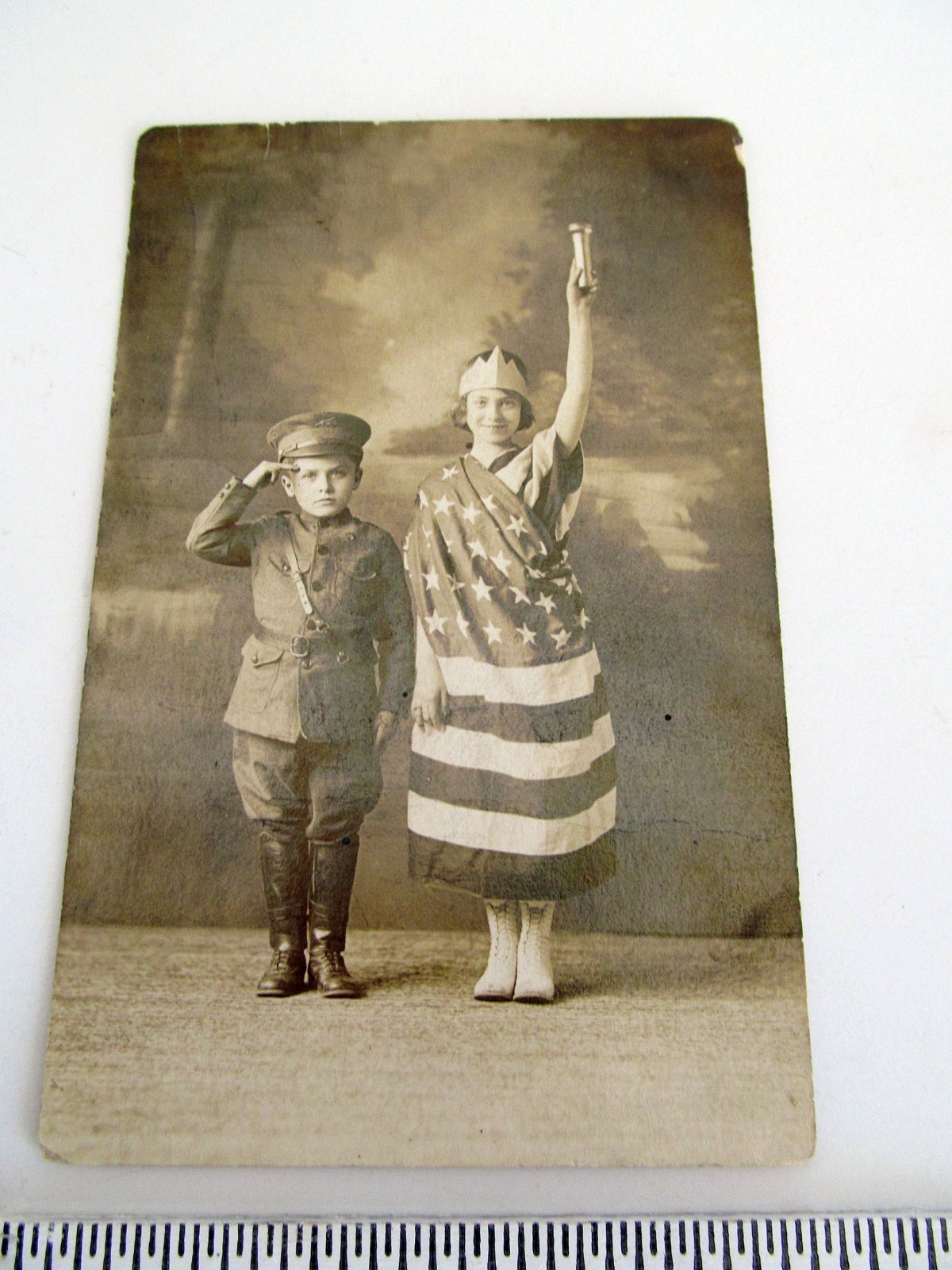 Patriotic Children Soldier Statue Liberty American Flag Real Photo Postcard