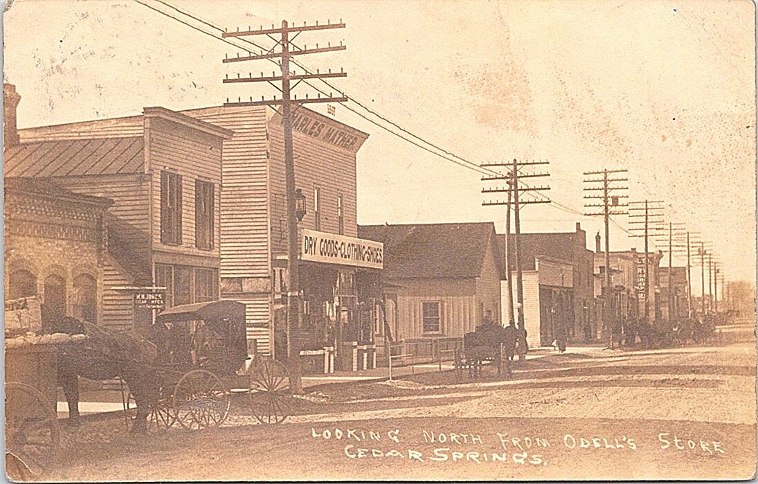 Cedar Springs Michigan Street Scene Store And Wagons Real Photo Postcard