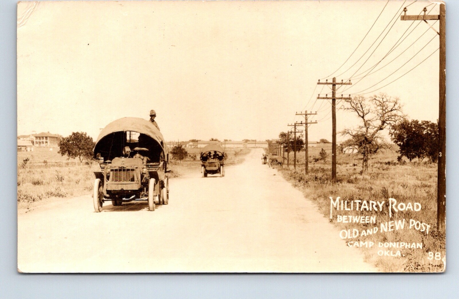 Camp Doniphan Oklahoma Military Road Army Vehicles Real Photo Postcard