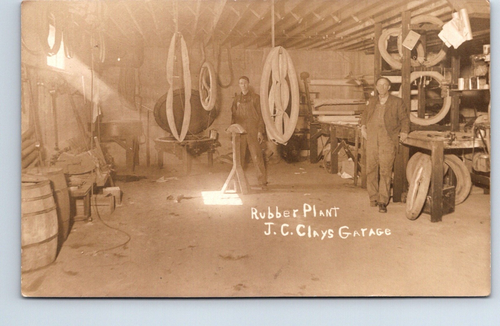 Idaho Falls Idaho JC Clays Gatage Interior Rubber Plant Real Photo Postcard