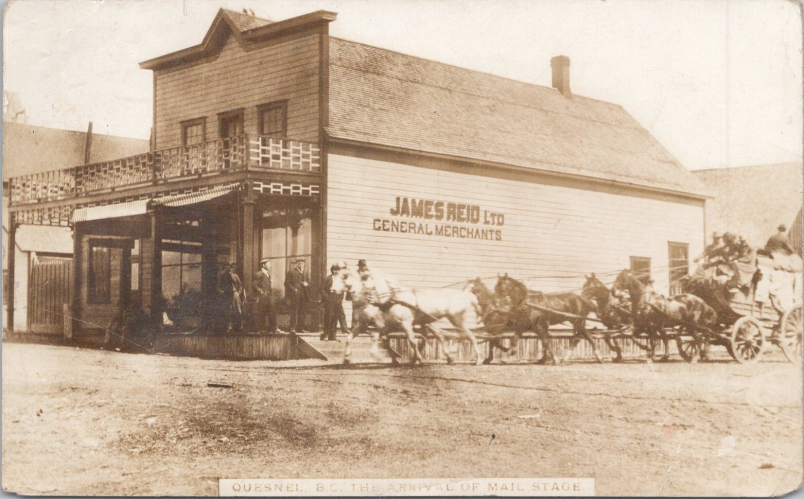 Quesnel British Columbia Canada Arrival Of Mail Stage At Reid Store 1910 Real Photo Postcard
