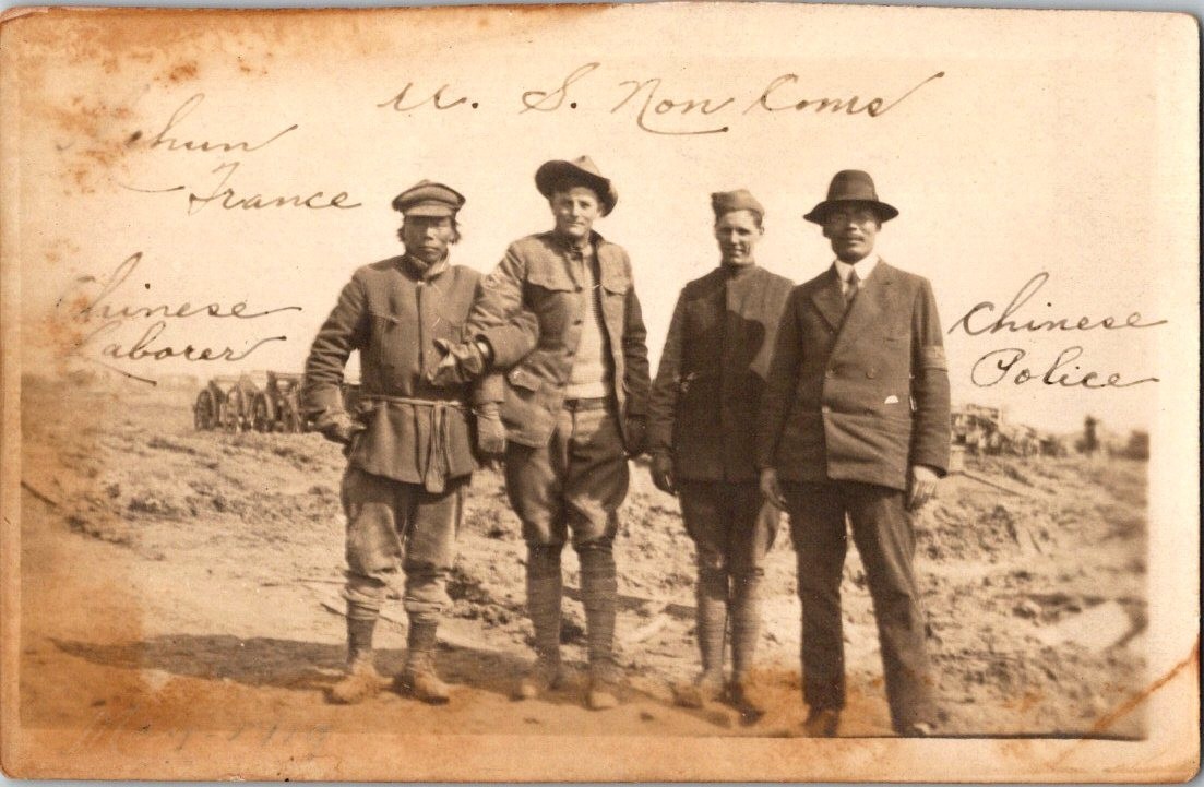 Mehun France United States Non-Commissioned Officers Chinese Laborer Chinese Police World War 1 Real Photo Postcard