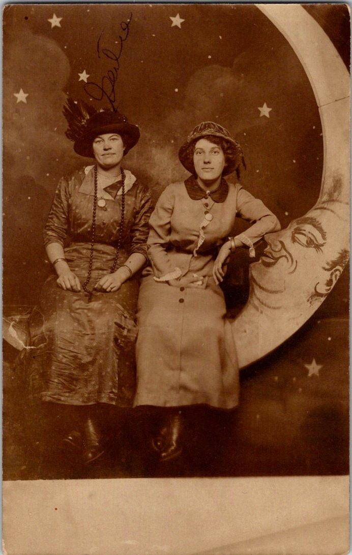 Two Ladies In Dresses Paper Moon Real Photo Postcard