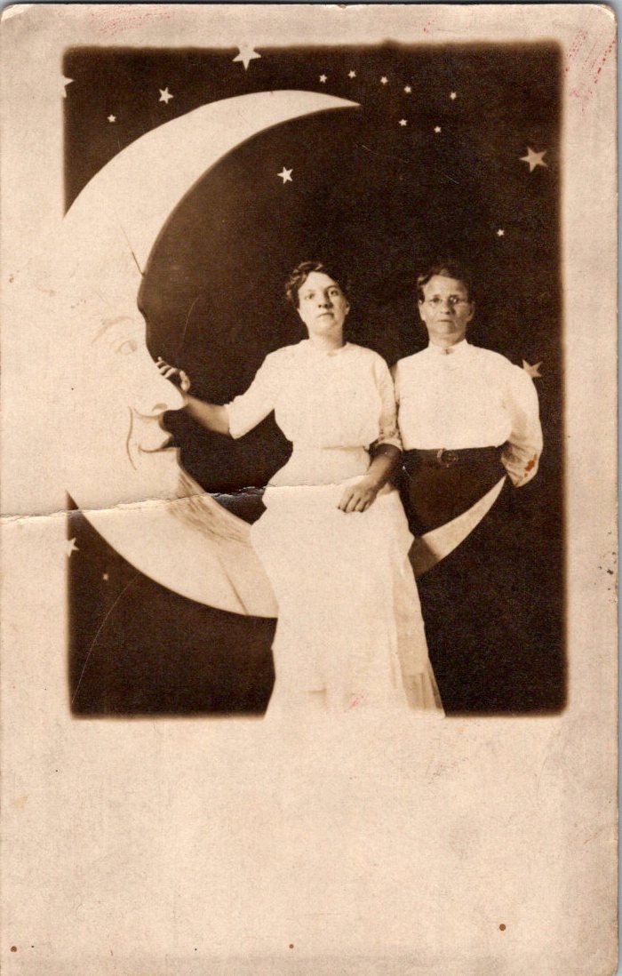 2 Women Paper Moon Stars Real Photo Postcard