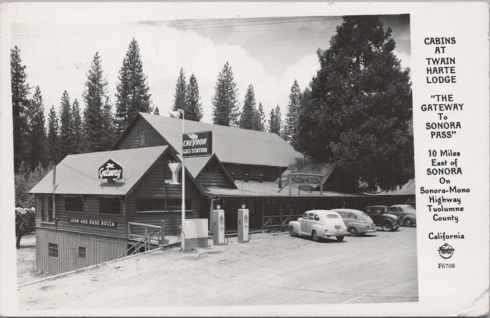 Twain Harte Lodge Sonora Pass Cabins Chevron Gas Station Cars Real Photo Postcard