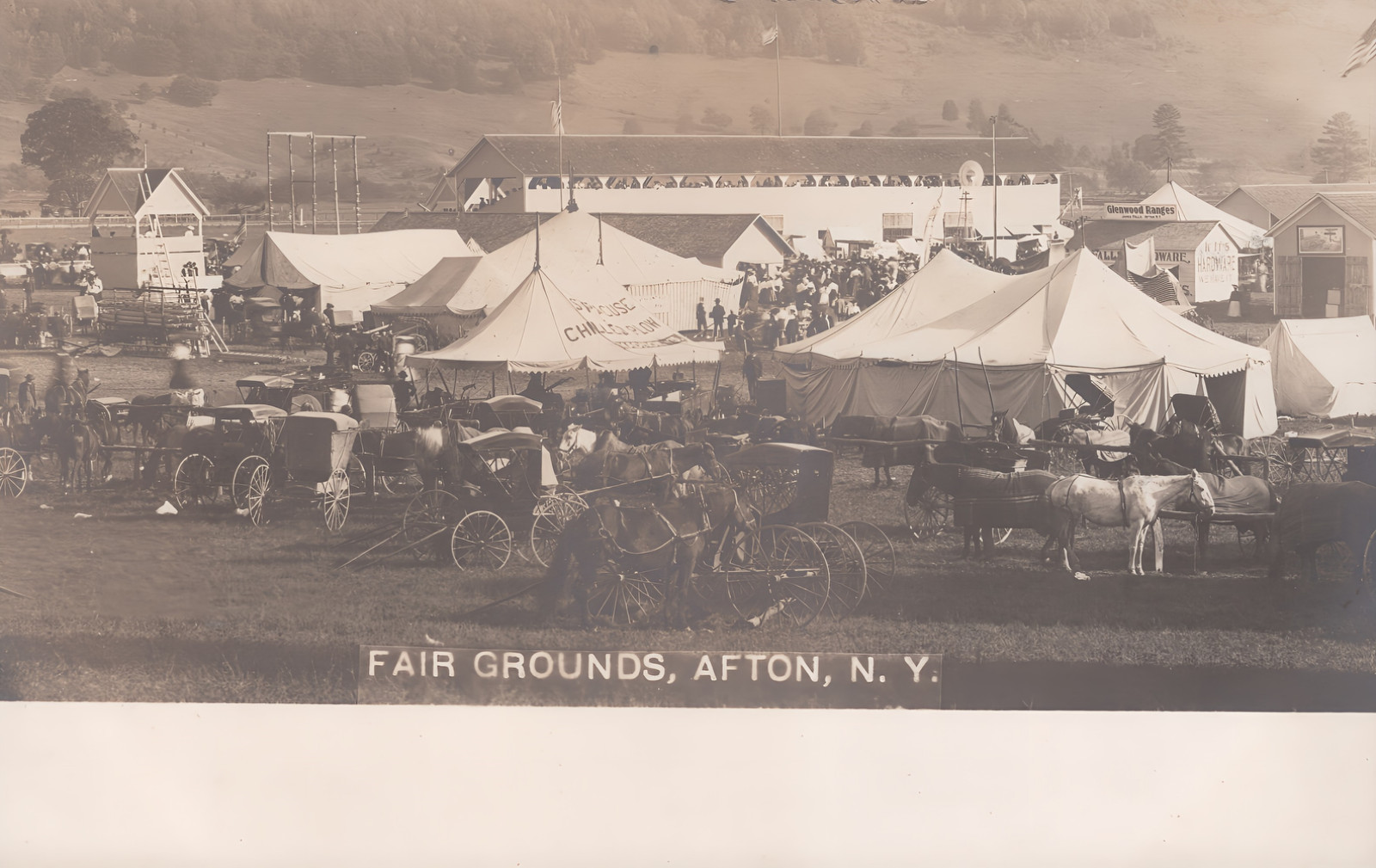 Afton New York Fair Grounds Horse Drawn Buggies Tents 1905 Real Photo Postcard