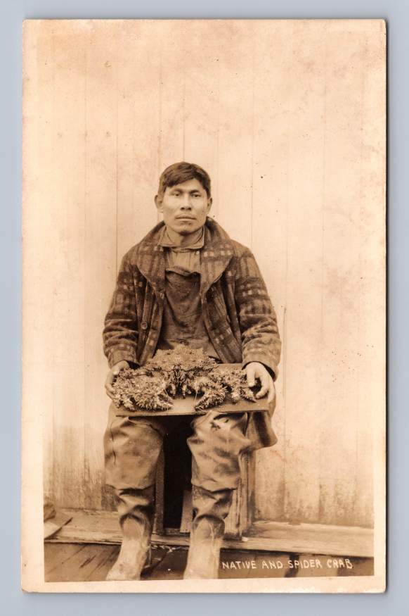 Pacific Northwest Native Indian Man with Spider Crab Real Photo Postcard