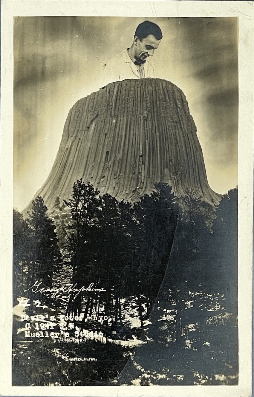 Devils Tower Wyoming George Hopkins Parachutist Stranded Superimpose Real Photo Postcard