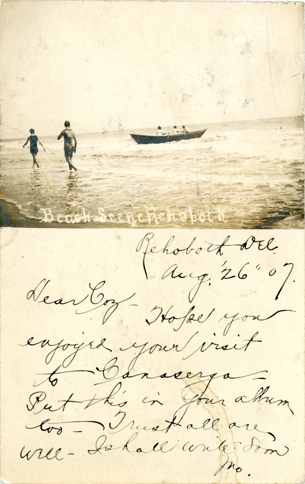 Rehoboth Beach Delaware Boat Surf 1907 Real Photo Postcard