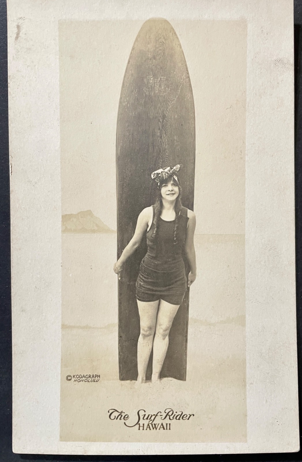 Hawaii The Surf Rider Woman With Huge Wooden Surfboard 1918 Real Photo Postcard