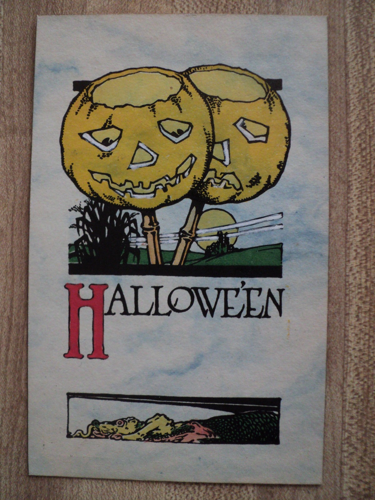 Halloween Two Jack-O-Lanterns on Posts One Happy One Sad Gibson Lines Postcard
