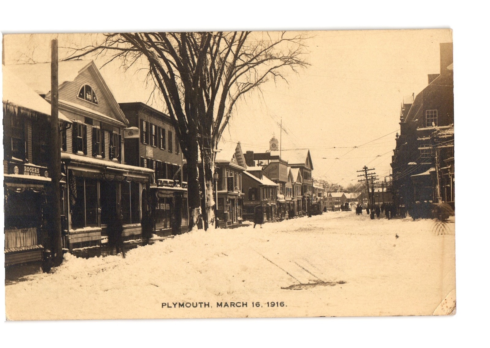 Plymouth Massachusetts Snow Street Scene Buildings Large Tree March 1916 Real Photo Postcard