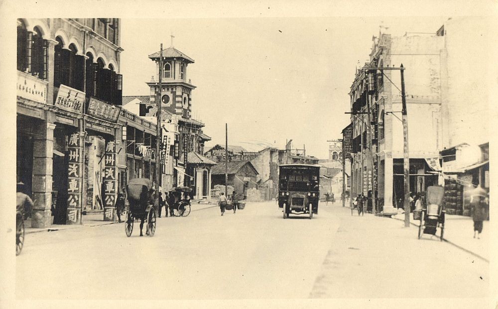 Canton Guangzhou Street With Double-Decker Bus Real Photo Postcard