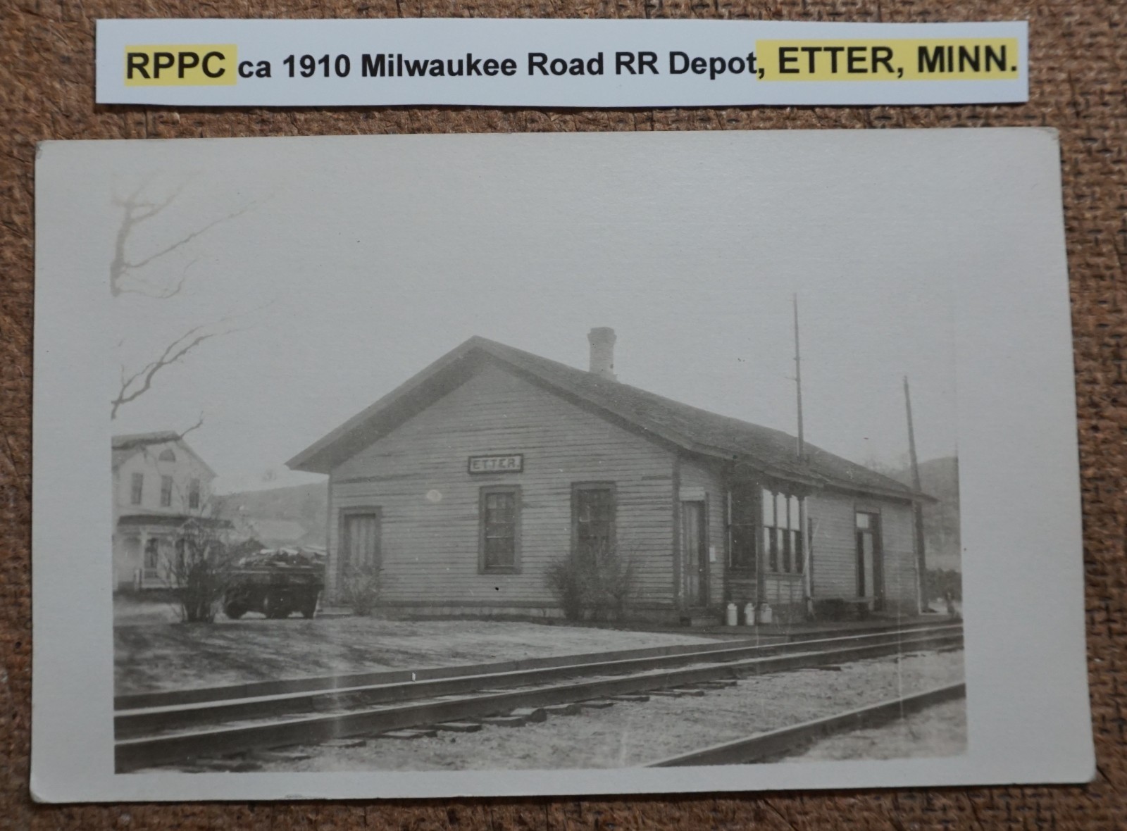 Etter Minnesota Milwaukee Road Railroad Depot 1910 Real Photo Postcard