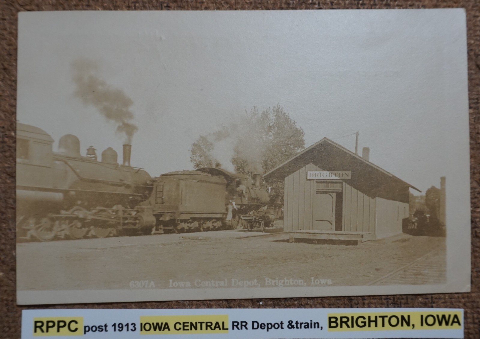 Brighton Iowa Iowa Central Railroad Depot and Train Post 1913 Real Photo Postcard