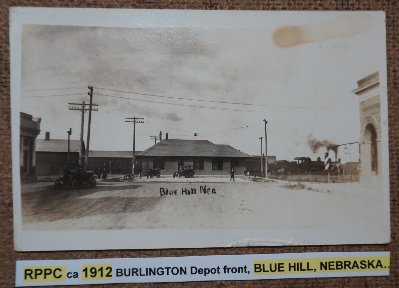 Blue Hill Nebraska Burlington Depot Front 1912 Real Photo Postcard