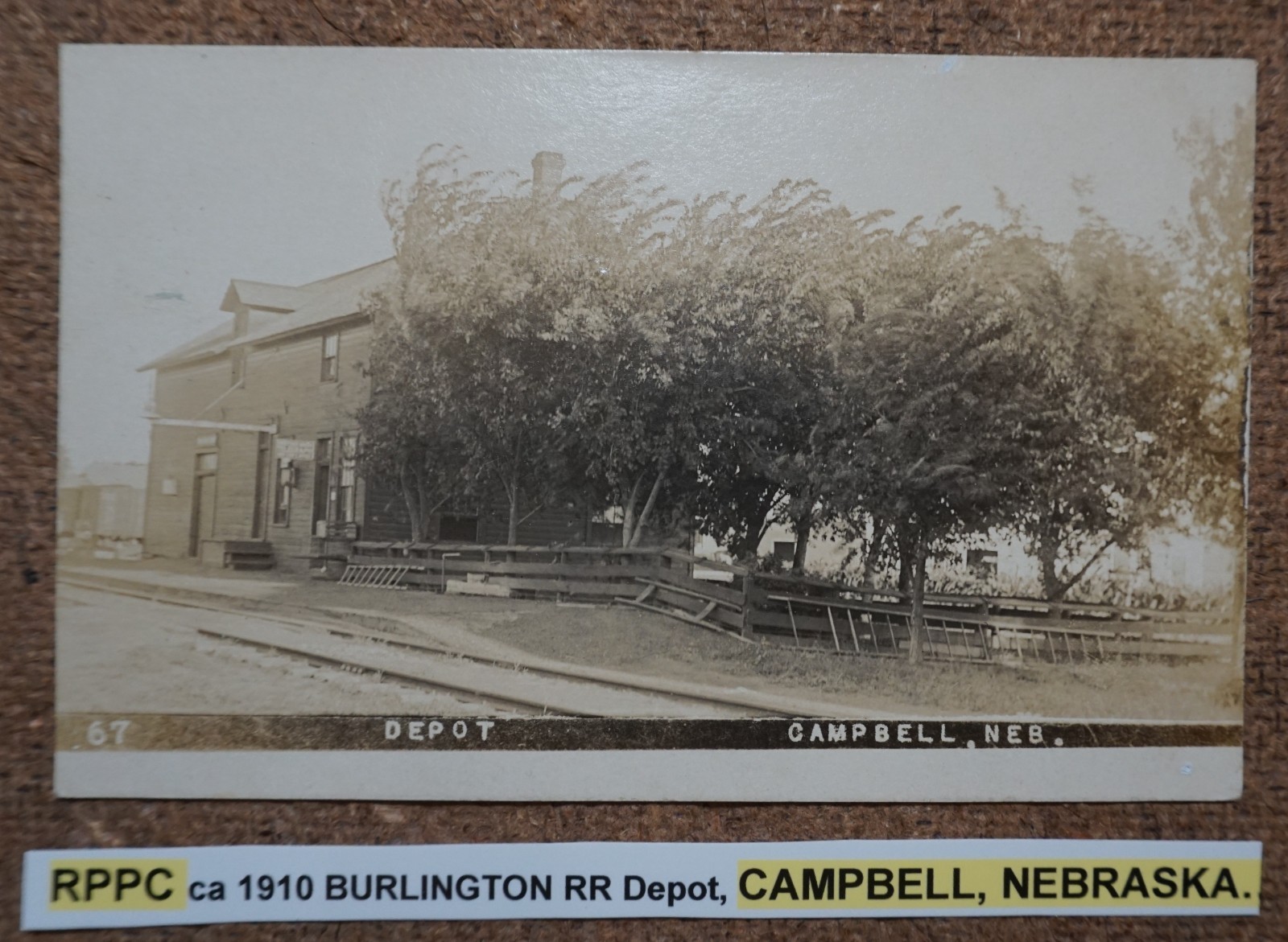 Campbell Nebraska Burlington & Missouri Railroad Depot 1910 Real Photo Postcard