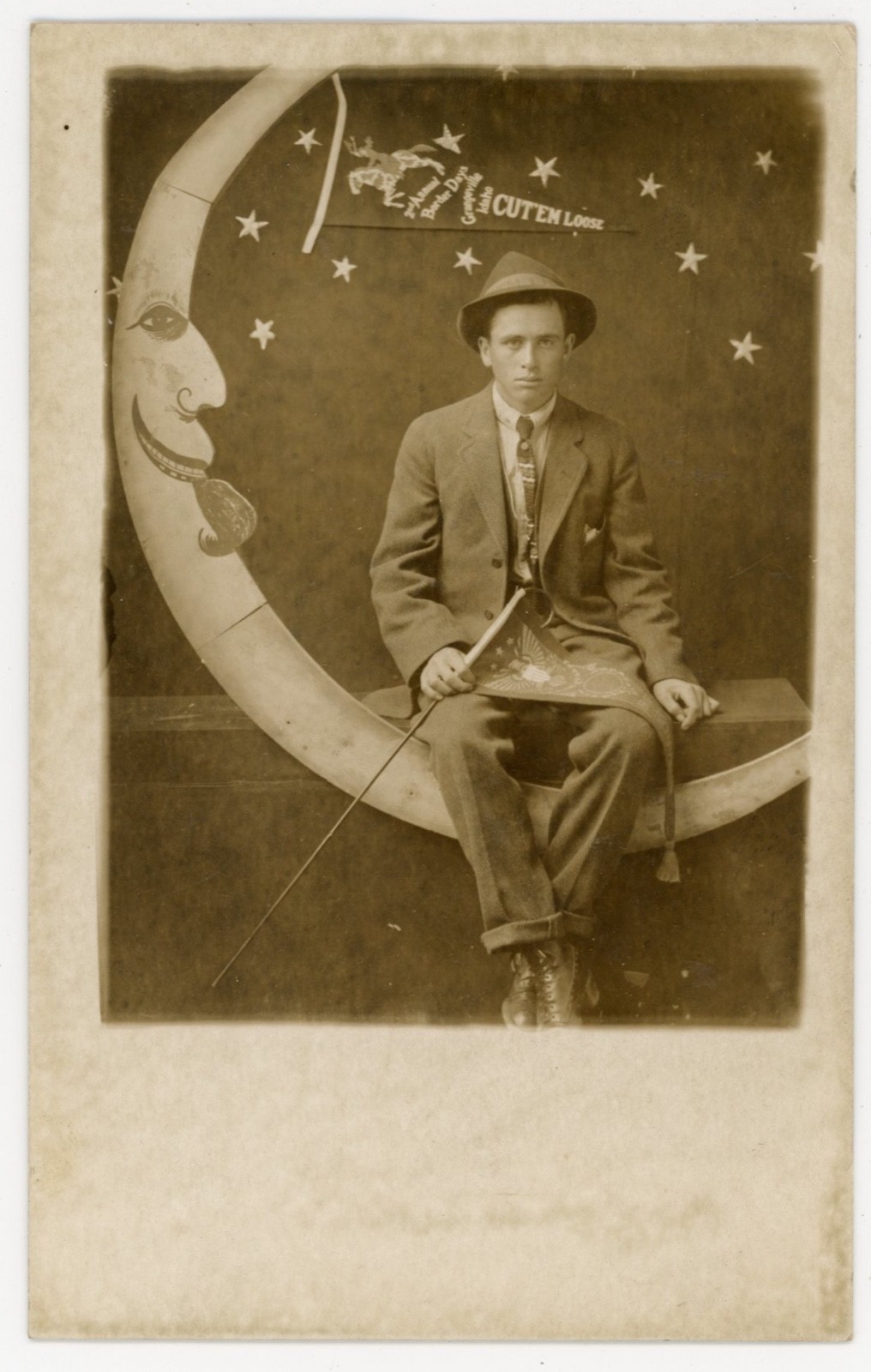 Grangeville Idaho 2nd Annual Border Days 'Cut Em Loose' Paper Moon Real Photo Postcard