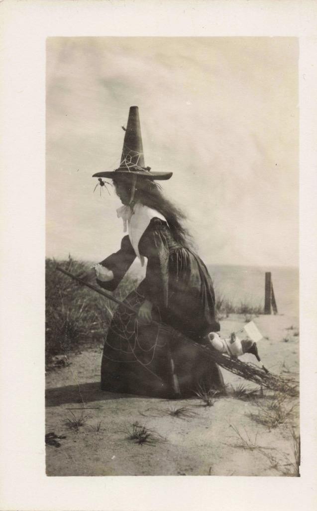 Beach Halloween Witch With Spider & Broom Real Photo Postcard