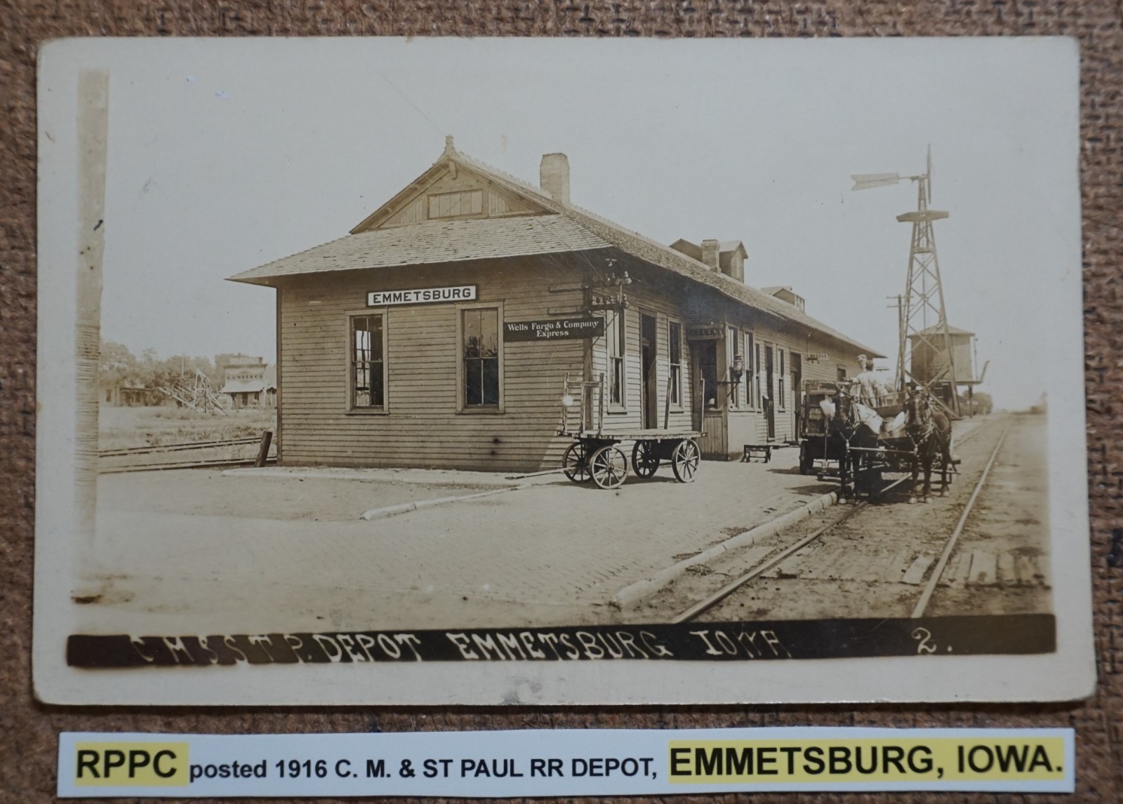Emmetsburg Iowa C. M. & ST PAUL Railroad Depot 1916 Real Photo Postcard