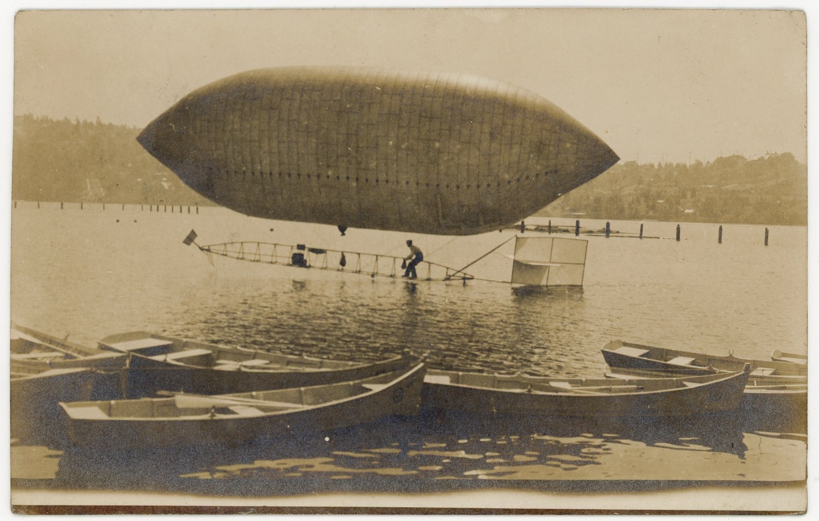 Experimental Airship Dirigible Over Lake Early Aviation 1908 Real Photo Postcard