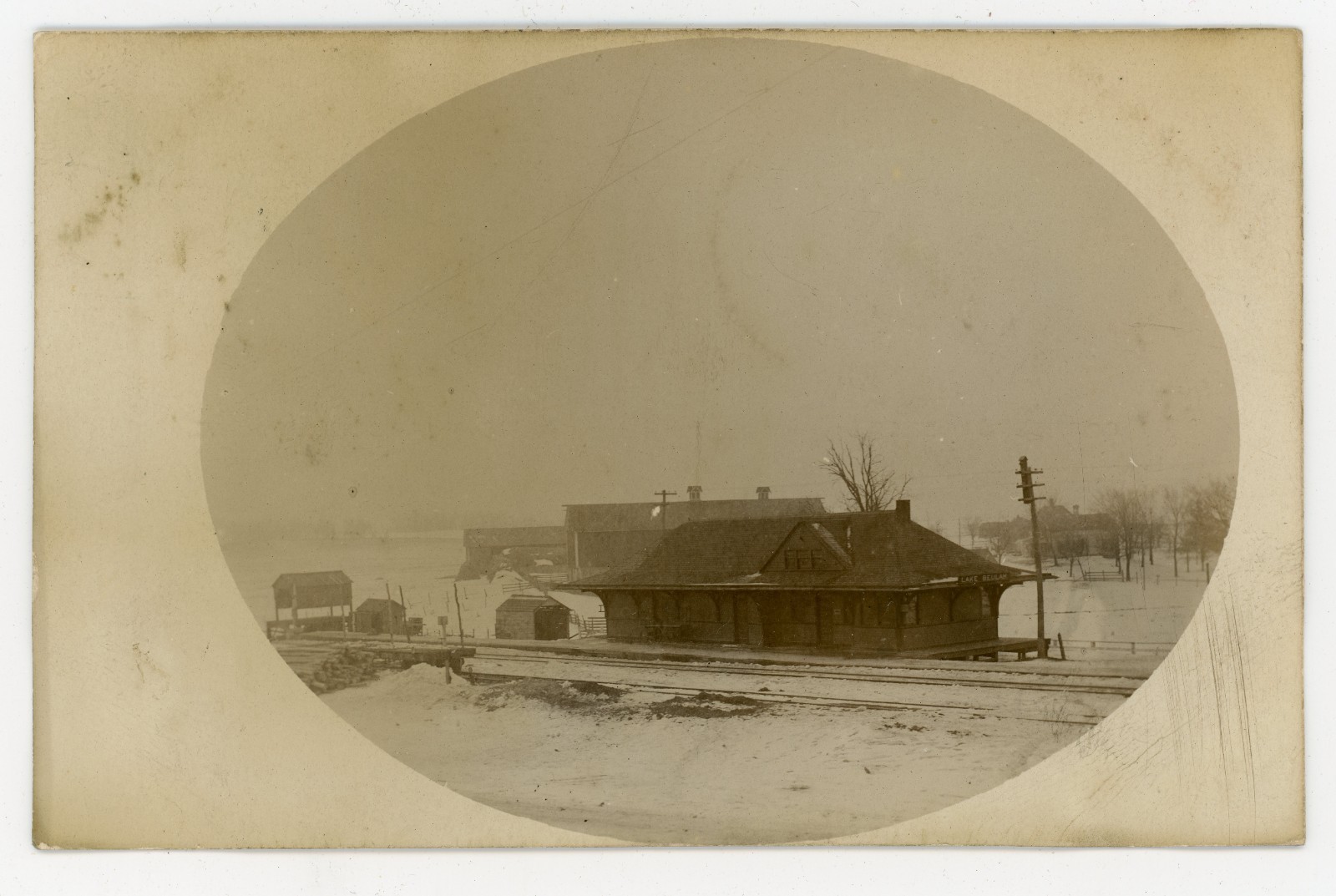Lake Beulah Wisconsin Railroad Depot Winter Scene 1908 Real Photo Postcard